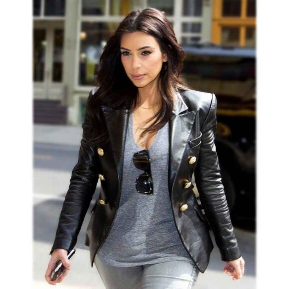 Women’s Black Slim Fit Leather Blazer | Double Breasted Gold Buttons | NWT - Picture 12 of 14